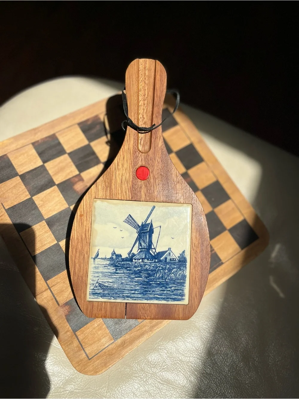 Vintage Wood Cheese Board- Wall Hanging with Delft-Style Tile